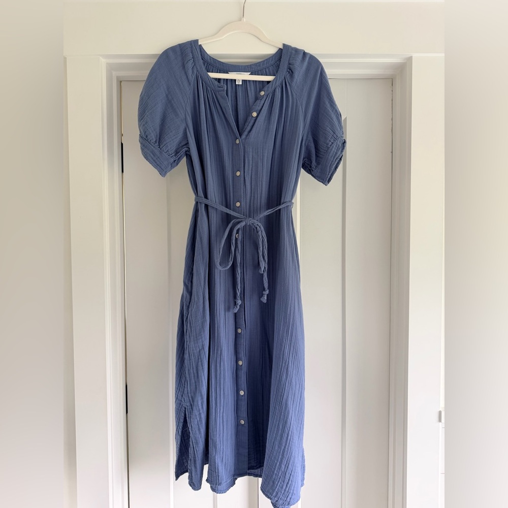 Time and Tru Dusty Blue Button Gauze Midi Dress with Tie Waist